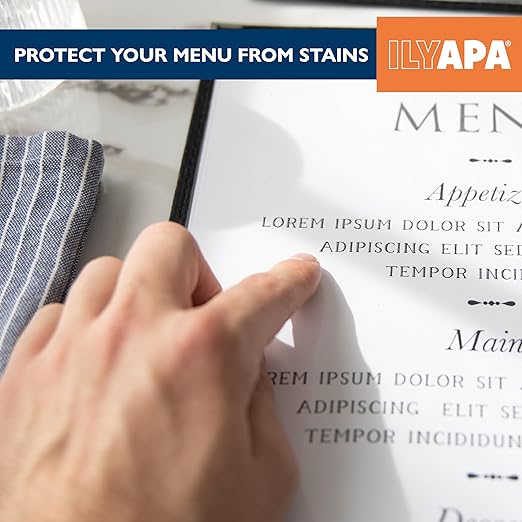 Ilyapa 30 Pack of Menu Covers 11 X 17 - Single Page, 2 View, Restaurant Menu Covers, Double Stitched Sleeves 11x17 Clear Plastic Sleeves