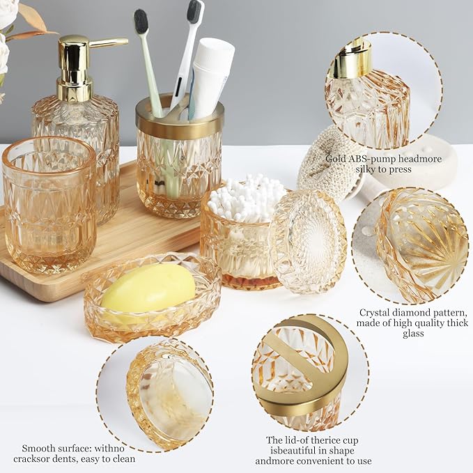 Bathroom Accessories Set, 5Pcs Gold Glass Bathroom Accessories Set with Gold Soap Dispenser, Soap Dish, Toothbrush Holder, Tumbler, Cotton Swab Jars
