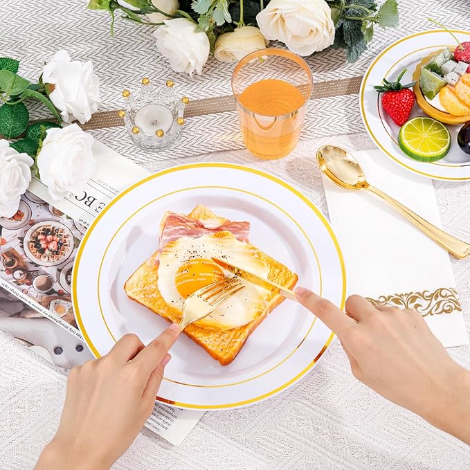 Supernal 800Pcs Gold Plastic Dinnerware Set, White Elegant Plastic Plates, Heavy Duty Disposable Plates Serve 100 Guests Including Dinner & Dessert Plate, Gold Silverware, Cups and Napkins for Wedding