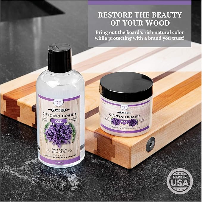 CLARK'S Food Grade Mineral Oil (12oz) and Carnauba Wax (6oz) Set - 100% Natural Butcher Block Oil and Cutting Board Wax - Food Safe Beeswax and Wood Cutting Board Oil with Lavender & Rosemary Extract