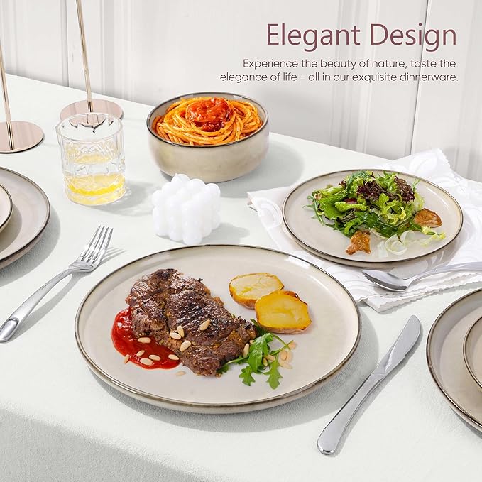 Herogo Stoneware Plates and Bowls Sets for 8, 24 Pieces Modern Round Dinnerware, Reactive Glaze Dishes Set for Kitchen, Chip Resistant, Microwave & Dishwasher Safe, Cream Khaki