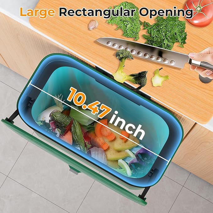 2.4 Gallon Hanging Trash Can - Small Under Sink Trash Can with Lid, Wall Mounted Compost Bin for Kitchen Cupboard Countertop, Odor-Control, Extended Clamping Ring, PET Material, Green