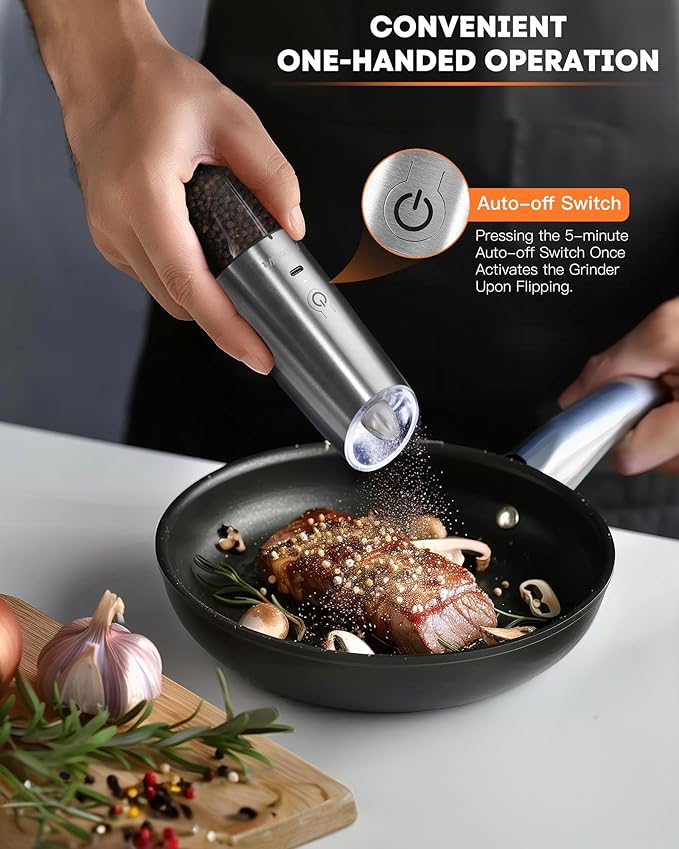 AmuseWit Gravity Electric Pepper Mill or Salt Grinder Mill [White Light] USB Rechargeable Automatic Pepper Grinder, Adjustable Coarseness, One-Handed Operation, Stainless Steel