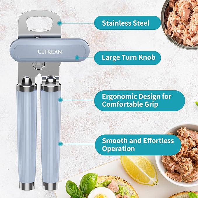 Ultrean Manual Can Opener Bottle Opener, Heavy Duty Stainless Steel Smooth Edge Manual Hand Held Can Opener With Soft Touch Handle, Rust Proof Oversized Handheld Easy Turn Knob (Blue)