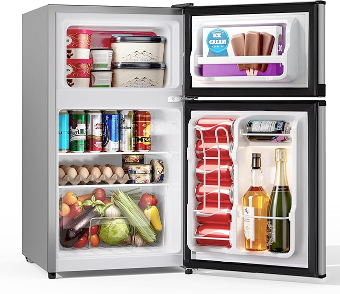 Double Door Refrigerator with Freezer, 3.55 Cu.Ft, Small Fridge with Freezer, 7 Settings Temperature Adjustable, Mini Refrigerator for Office and Apartment Bedroom Dorm(3.55 Cu.Ft, Silver)