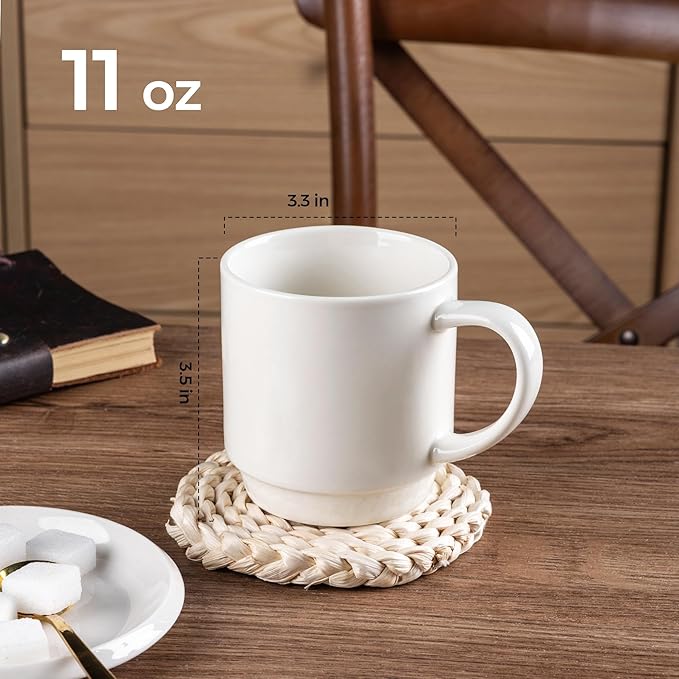 GBHOME 11OZ Stackable Coffee Mugs, Ceramic Coffee Mugs Set of 6 for Man,Woman,Dad,Mom, Porcelain Coffee Mugs for Latte/Cappuccino/Cocoa. Dishwasher&Microwave Safe, Off White