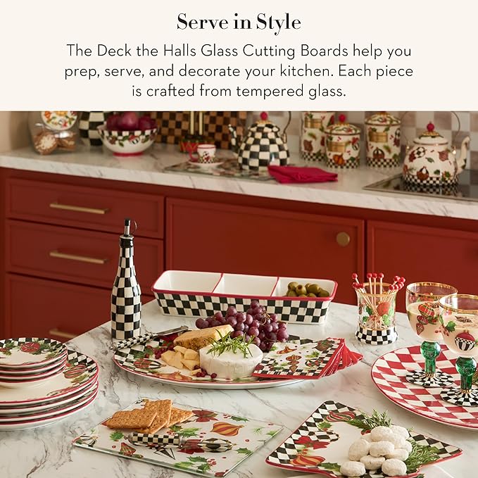 MACKENZIE-CHILDS Set of 2 Tempered Glass Cutting Boards, Countertop Cutting Boards, Deck the Halls