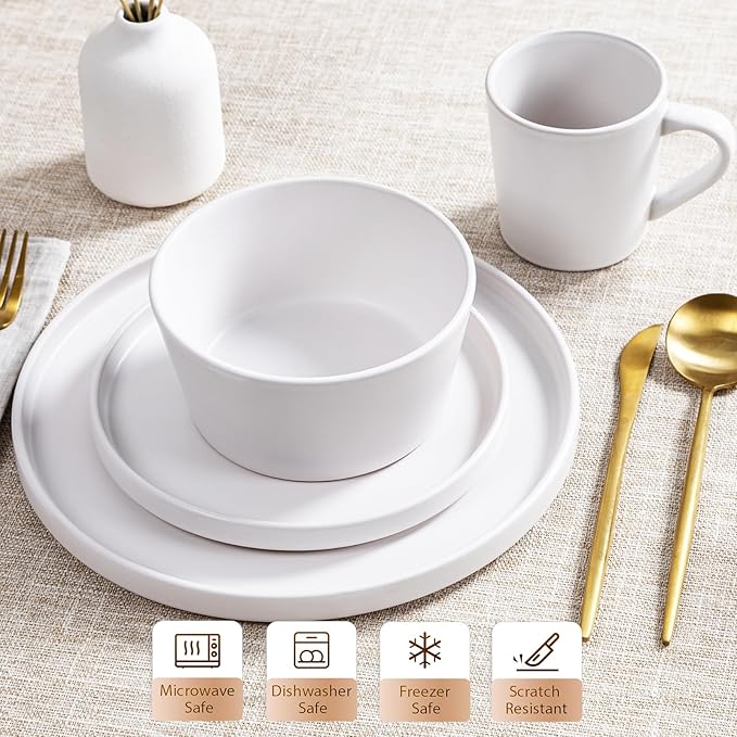 Plates and Bowls Sets for 4 - CJDC-QUELO 16 Piece Stoneware Dinnerware Sets with Mugs, Ceramic Dishware Sets for Kitchen Dining Use, Chip and Scratch Resistant Microwave Dishwasher Safe, White