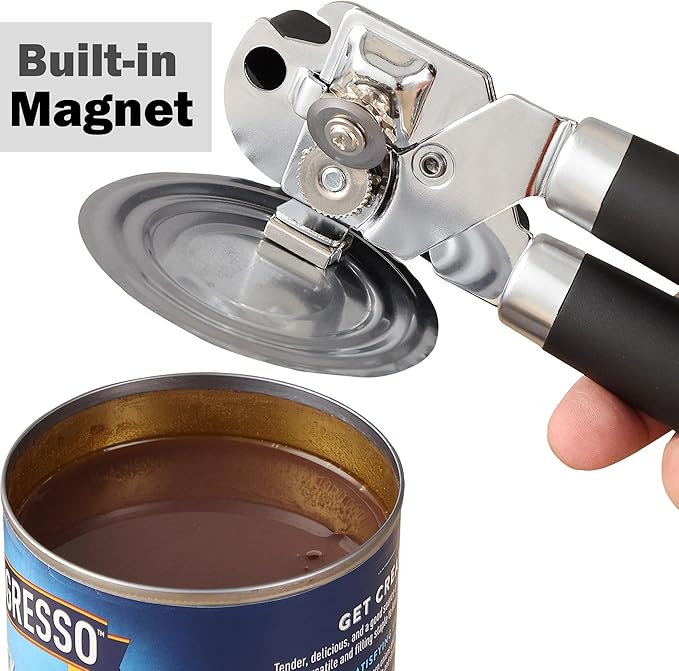 Can Opener Manual with Magnet, Vayvnt Heavy Duty Stainless Steel Can Opener Smooth Edge, Rubber Grip Handle & Easy Turn Knob, Multifunctional Kitchen Gadget for Seniors, Sharp Cutting Blade, Black