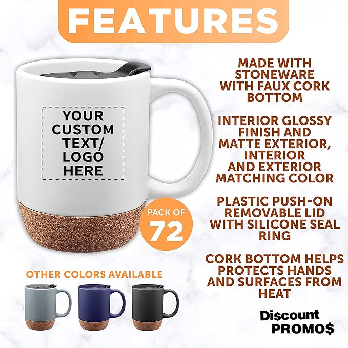 Custom Barista Ceramic Mugs with Cork Bottom 13 oz. Set of 72, Personalized Bulk Pack - Perfect for Coffee, Tea, Espresso, Hot Cocoa, Other Beverages - White