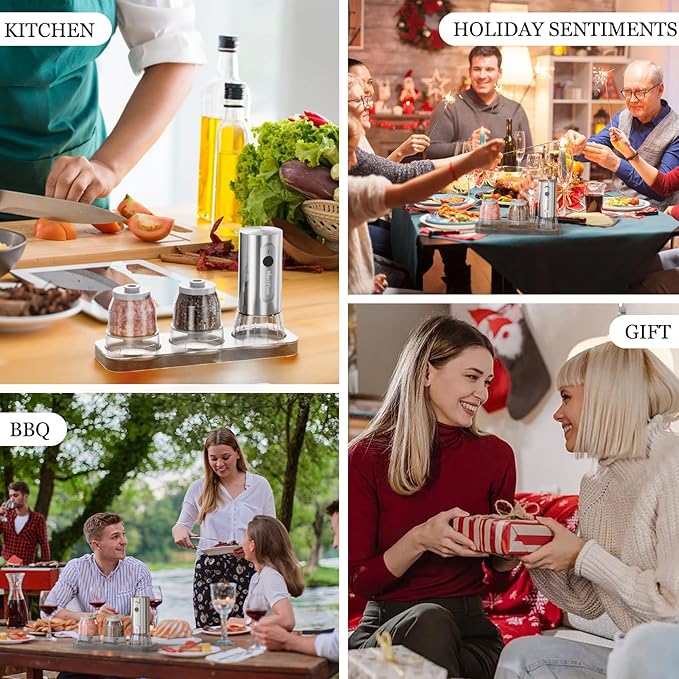 Marchpower Electric Salt and Pepper Grinder Set,1S Quick Switch, Rechargeable Stainless Steel Automatic Electric Salt and Pepper Shakers with LED Light, 200ml large-Capacity, Stepless Grind Adjustment