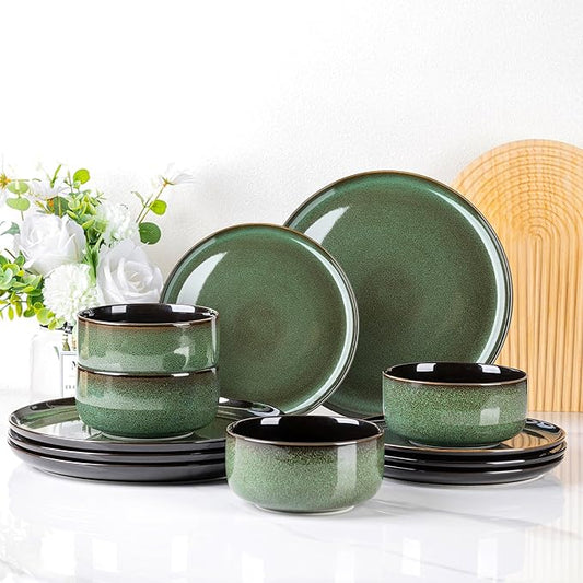 LERATIO Ceramic Dinnerware Set for 4, Poreclain Plates, Bowls, Handmade Reactive Glaze Dishes, Chip Resistant, Oven & Dishwasher Safe, Service for 4