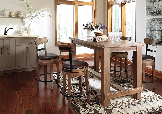 Signature Design by Ashley Pinnadel |24.25" Counter-Height Swivel Bar Stool – Modern Farmhouse, Faux Leather, 360° Swivel, Nailhead Trim, Rustic Light Brown