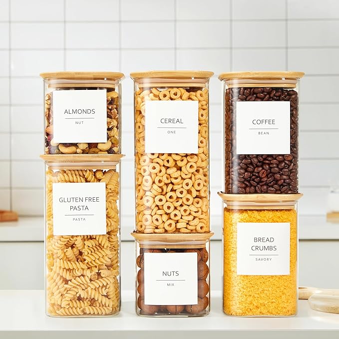 Talented Kitchen Square Glass Food Storage Containers - Airtight & Labeled Glass Kitchen Storage Containers - Space-Saving Stackable Square Pantry Jars - Pack of 6, 24/37/51 fl oz