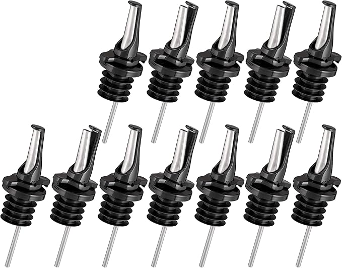 3-in-1 Liquor Pour spout with Built-in Fruit Fly Protection - Dishwasher Safe Hygienic Alcohol Speed Spouts - Also for Olive Oil, Juice, Syrup. Black 12 Pack with 2 Adapters for Large Neck Bottles