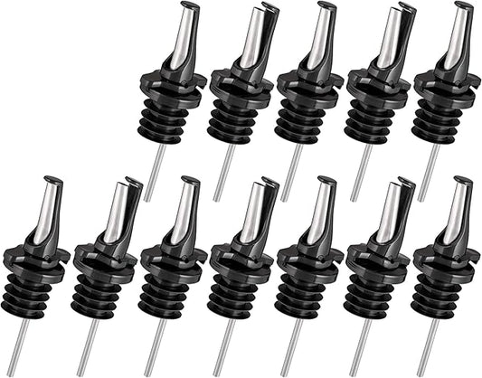 3-in-1 Liquor Pour spout with Built-in Fruit Fly Protection - Dishwasher Safe Hygienic Alcohol Speed Spouts - Also for Olive Oil, Juice, Syrup. Black 12 Pack with 2 Adapters for Large Neck Bottles