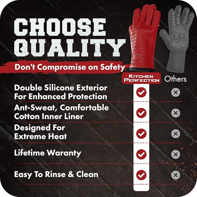 KITCHEN PERFECTION S Silicone Smoker Oven Gloves -Extreme Heat Resistant BBQ Gloves -Handle Hot Food Right on Your Grill Fryer Pit|Waterproof Oven Mitts |Superior Value Set+3 Bonuses