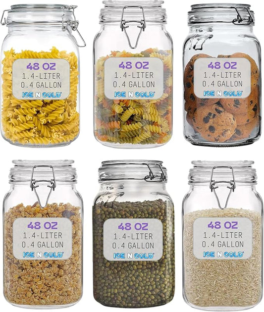 Airtight Glass Storage Jars with Clamp Lid – Food Storage Containers with Rubber Gasket Seal – Pantry & Kitchen Canisters for Dry Goods, Coffee, Sugar, Pasta – 0.4L to 2.2L Sizes (6, 48oz | 1.4L)