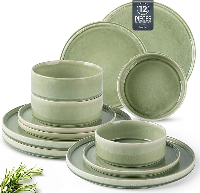 AmorArc Ceramic Dinnerware Sets, Handmade Reactive Glaze Stoneware Plates and Bowls Sets,Highly Chip and Crack Resistant | Dishwasher & Microwave Safe Dishes Set, Service for 4 (12pc)