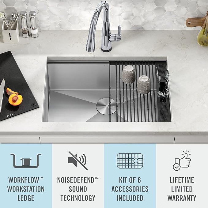 DELTA FAUCET Rivet 27-Inch Workstation Kitchen Sink Undermount 16 Gauge Stainless Steel Single Bowl with WorkFlow Ledge and Chef’s Kit of 6 Accessories, 95B931-27S-SS