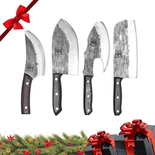 COOLINA Unique 4 Knife Set - Premium High-Carbon Steel Kitchen Knives for Meat Lovers - Altomino Butcher Knife, Galba Heavy-Duty Knife, Machado Rib Splitter, & Kapeni Cleaver