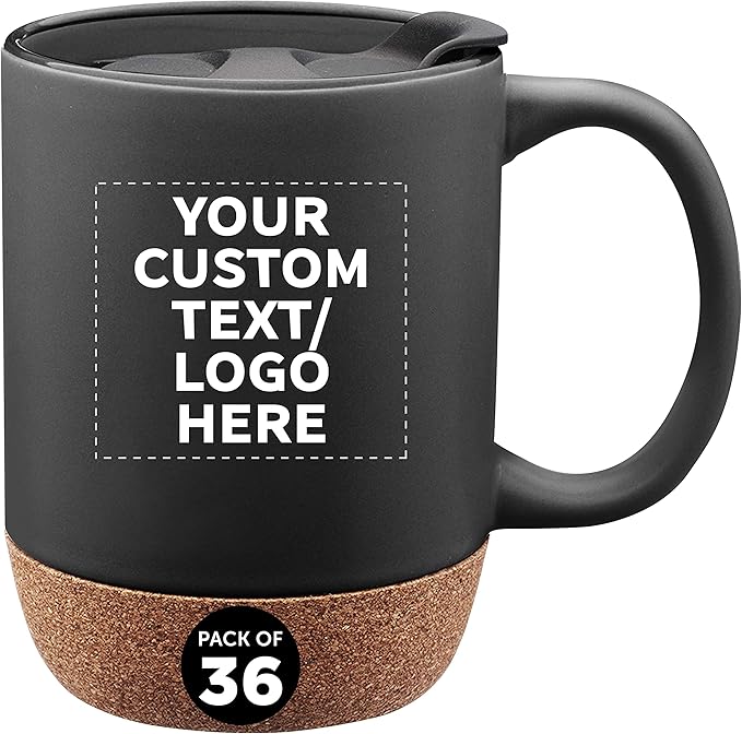 Custom Barista Ceramic Mugs with Cork Bottom 13 oz. Set of 36, Personalized Bulk Pack - Perfect for Coffee, Tea, Espresso, Hot Cocoa, Other Beverages - Black