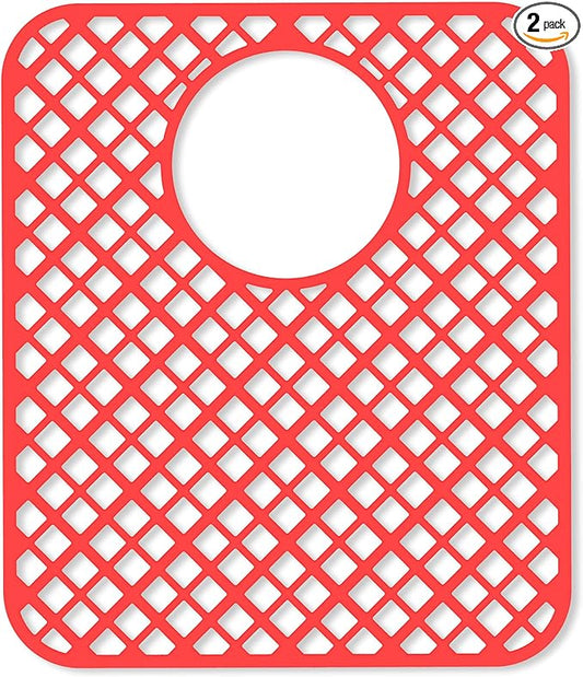 2 Pack Silicone Sink Protectors for Kitchen Sink, Lozenge Pattern 13 x 11 Inches Sink Mat, Non-Slip and Durable Sink Protector Silicone, Rear Drain, Red