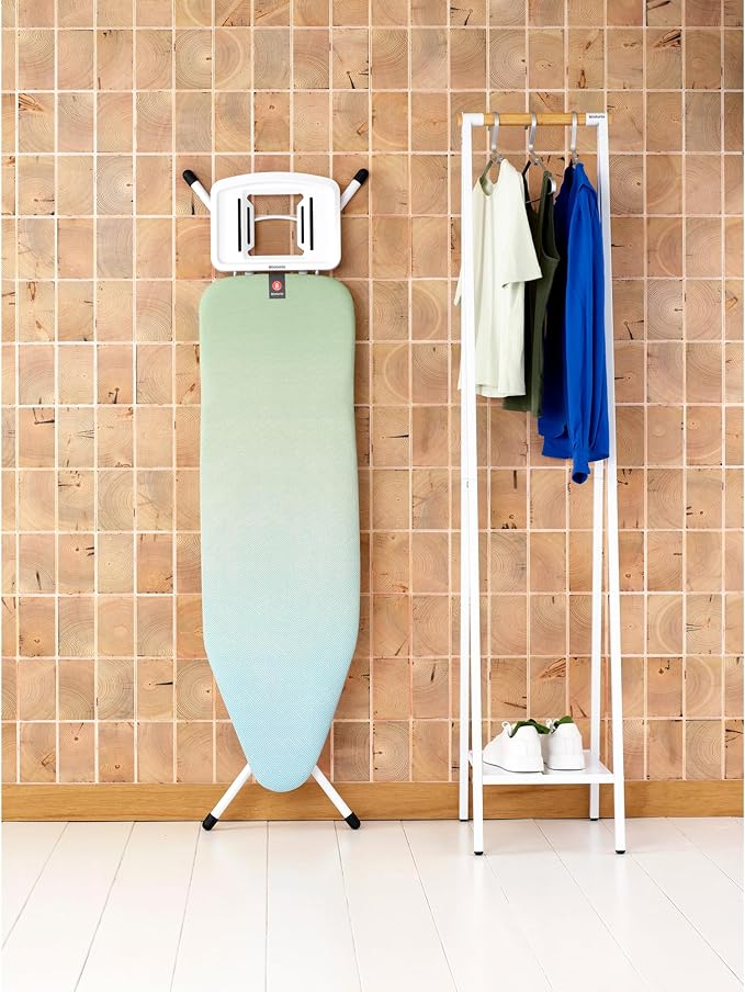 Brabantia - Ironing Board B – Solid Steam Iron Rest – Adjustable Height – Non-Slip Rubber Feet – 100% Fairtrade Cotton Cover with Foam Padding – Foldable – Soothing Sea – Size B (49 x 15 in)