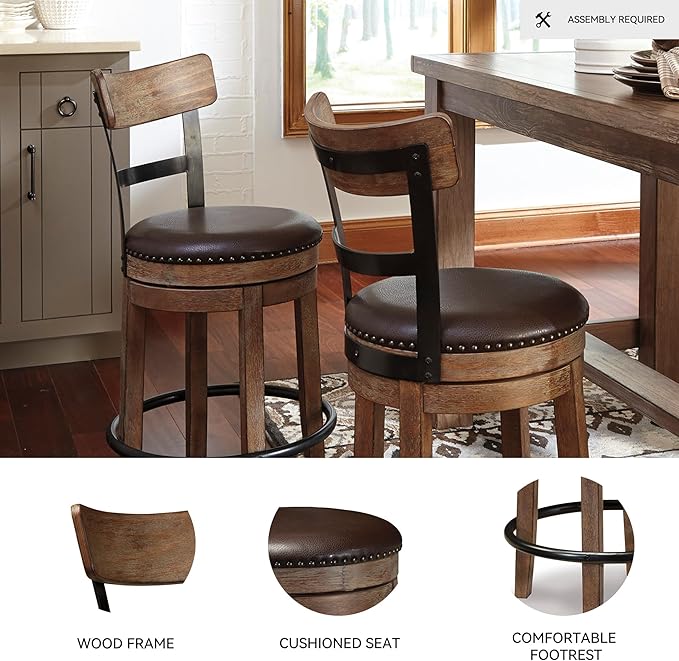 Signature Design by Ashley Pinnadel |24.25" Counter-Height Swivel Bar Stool – Modern Farmhouse, Faux Leather, 360° Swivel, Nailhead Trim, Rustic Light Brown