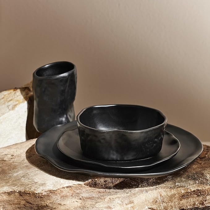 Stone by Mercer Project Atik Modern Stoneware 16-Piece Dinnerware Set, Plate and Bowl Set, Dish set for 4, Black