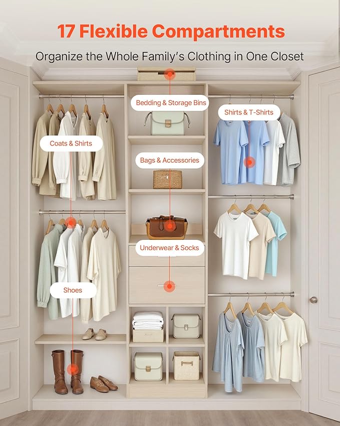 VEVOR Closet System with 2 Drawers, Adjustable Height Wooden Closet Organizers, Modern Walk-in Wardrobe Organization with 5 Retractable Clothes Hanger Rods, Freestanding Garment Rack Storage, Oak
