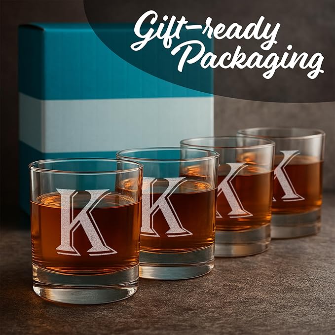 On The Rox Drinks (K-Monogram)- 4 Piece Set of 11 Ounce Engraved Heavy Base Rocks Whiskey Glasses Elegant Glass-Bourbon Multi-Purpose Beverage-Rocks Glass- Gift for any Occasion