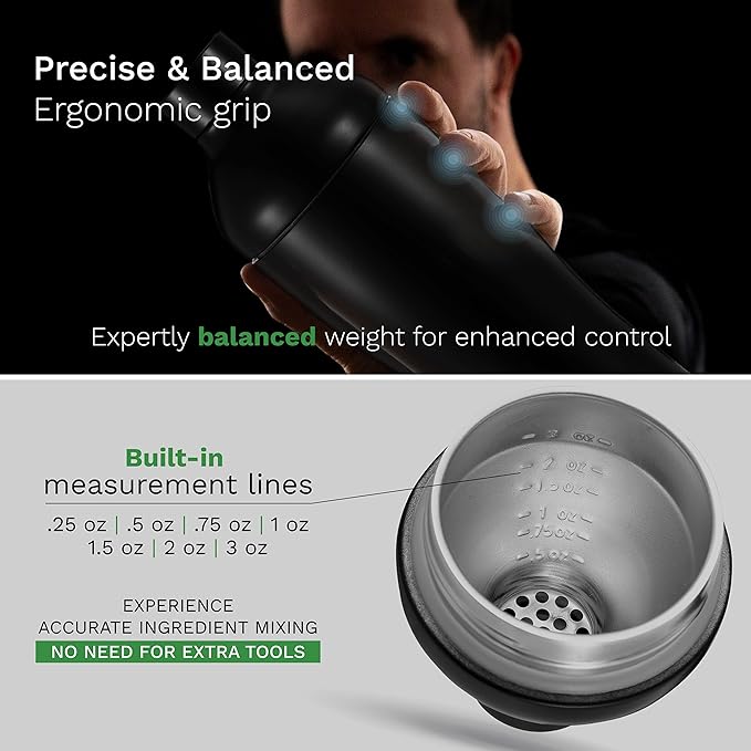 The Mixologer Cocktail Shaker & Tumbler | 19 oz Stainless Steel Drink Mixer with Built-in Measurements, Leak-Proof Design & Vacuum Insulation | Ideal to Mix Whiskey, Cocktails & More | Matte Black