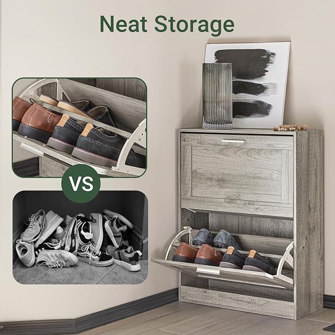 Shoe Cabinet for Entryway, 2-Tier Flip Drawer Shoe Storage Cabinet with Dividers, Shoe Organizer for Small Spaces, Narrow Shoe Rack, Slim Shoe Rack Freestanding, Grey, HUS-FSR137