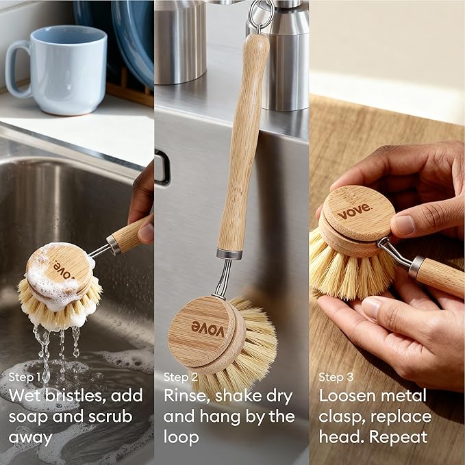 Vove Dish Brush Bundle - FSC-Certified Bamboo Dish Brush & Scrub Brush, 3 Replacement Heads - Natural Fiber Bristles - Non-Toxic, Plastic-Free Kitchen Set