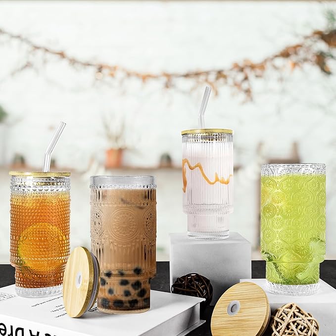 8 Pcs 11oz Drinking Glasses Cups Set with Bamboo Lids Straws Brush Small Vintage Hobonail Ribbed Glassware Set for Juice Iced Coffee Cocktail Whiskey