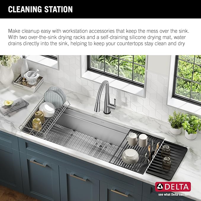 DELTA FAUCET Rivet 45-inch Workstation Kitchen Sink Undermount 16 Gauge Stainless Steel Single Bowl with 2-Tier WorkFlow Ledge and Chef’s Kit of 11 Accessories, 95BA131-45S-SS