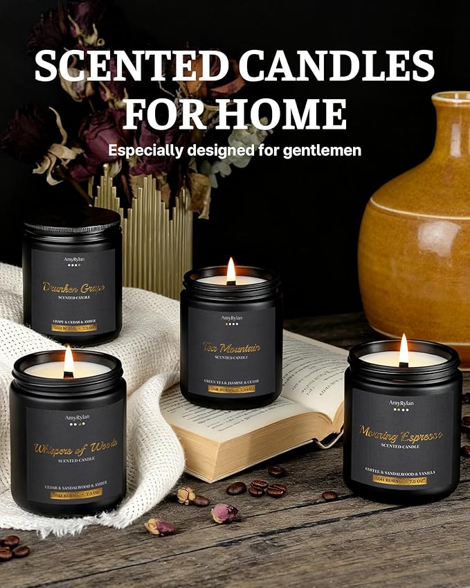 Scented Candle for Home, Wooden Wick Candle for Men, Masculine Candle 30oz Soy Wax, 220 Hours of Burn Time, Aromatherapy Gift for Boyfriend, Husband, Dad, Brother, Boss, A Thoughtful Gift, Pack of 4