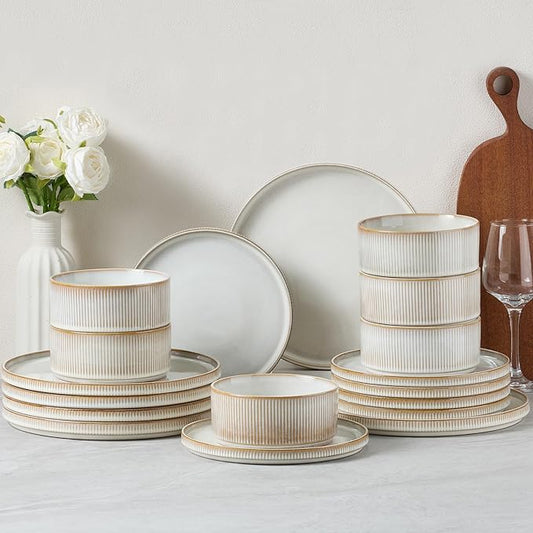 E-far Stoneware Dinnerware Sets, 18-Pieces Modern Plates and Bowls Sets, Kitchen Dinning Porcelain Dishes Set for 6, Chip & Scratch Resistant, Dishwasher & Microwave Safe, Creamy Beige
