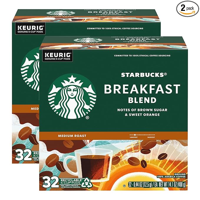 Starbucks Coffee K-Cup Pods, Breakfast Blend, Medium Roast Coffee, Notes of Brown Sugar & Sweet Orange, Keurig Genuine K-Cup Pods, 32 CT K-Cups/Box (32 Count (Pack of 2))