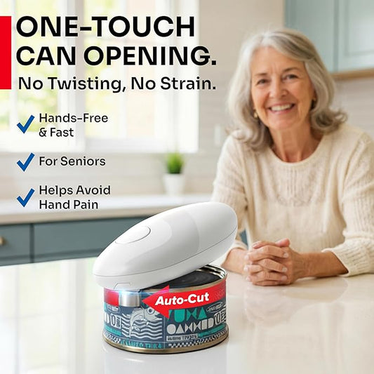 MUELLER HOME SmoothEdge Auto Electric Can Opener – Battery‑Operated One‑Touch w Magnet Lid Lifter, Smooth‑Edge Cut Technology – Portable Hands‑Free Automatic Can Opener for Seniors & Arthritis, White