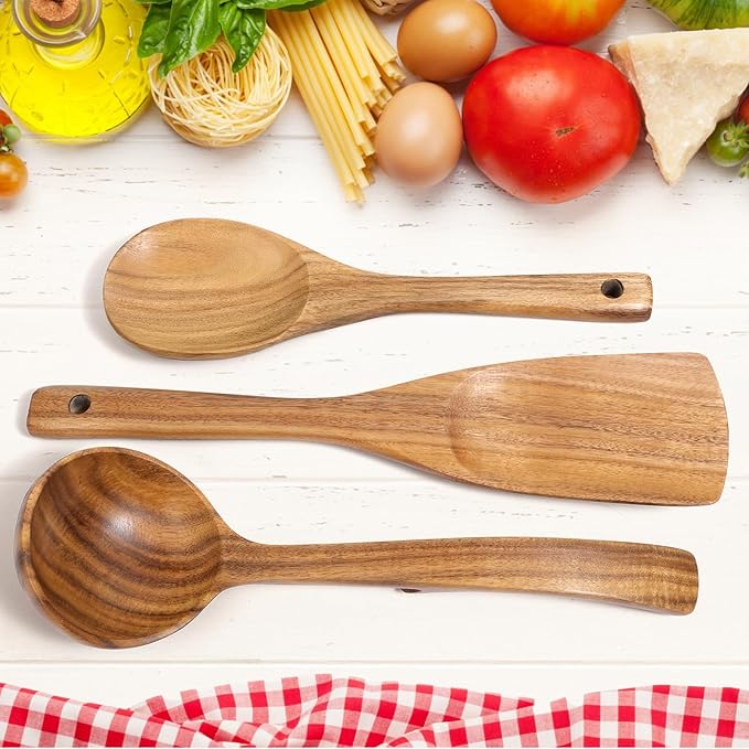 Wooden Spoons for Cooking, Wooden Cooking Utensils Set of 3 including Cooking Spoon, Rice Scooper, Soup Spoon Ladle - Nonstick Cookwares, BPA-Free, Heat Resistant Teak Wood Spoons for Kitchen Use