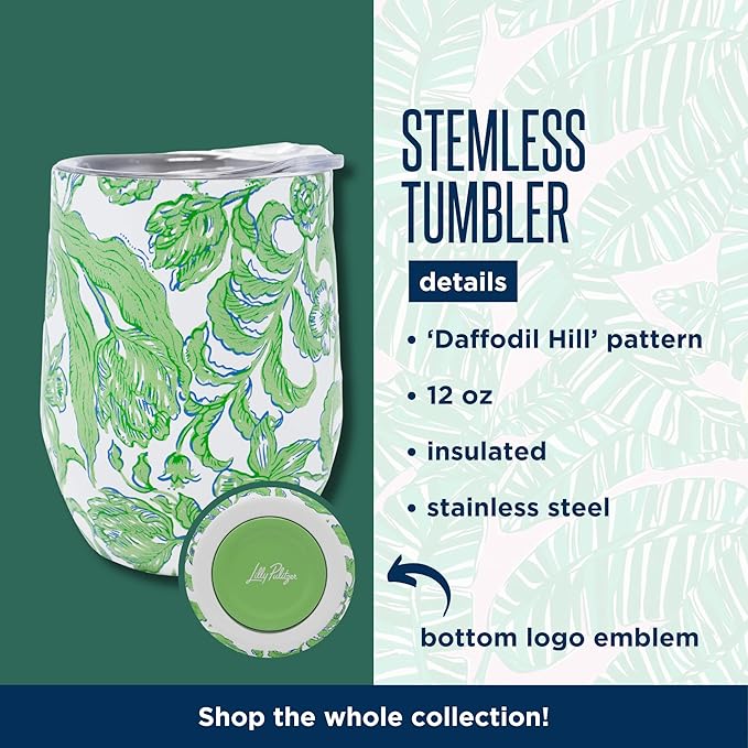 Lilly Pulitzer 12 Oz Insulated Tumbler with Lid, Yellow/Green Stainless Steel Travel Wine Glass, Double Wall Metal Cup (Daffodil Hill)