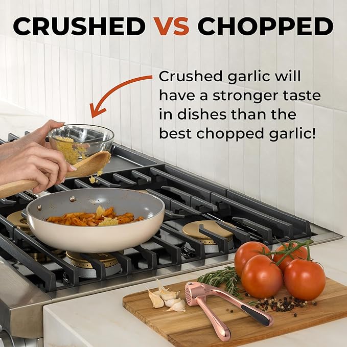 Zulay Kitchen Premium Garlic Press - Durable Garlic Masher with Soft, Easy to Squeeze Handle - Garlic Mincer Tool - Sturdy Easy to Clean Garlic Crusher (Rose Gold)