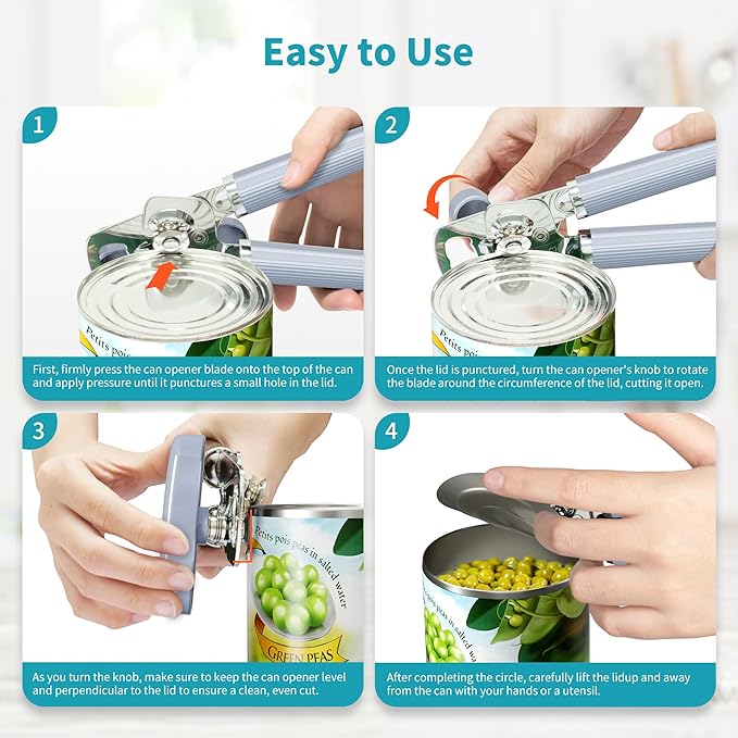 Ultrean Manual Can Opener Bottle Opener, Heavy Duty Stainless Steel Smooth Edge Manual Hand Held Can Opener With Soft Touch Handle, Rust Proof Oversized Handheld Easy Turn Knob (Blue)
