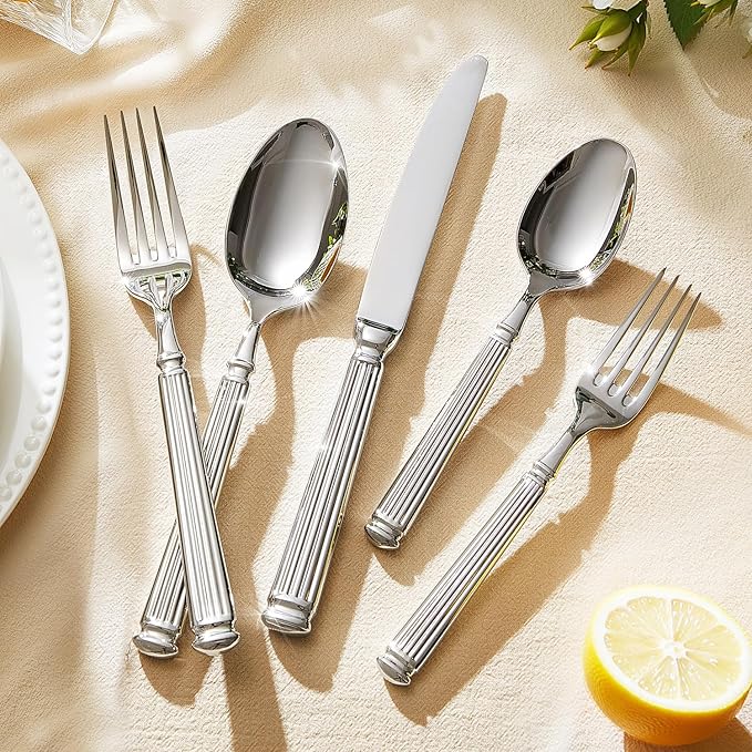 KINGSTONE Silverware Set, 40-Piece 18/10 Stainless Steel Flatware Set - Roman Column Embossed Thick Handle, for Wedding, Home, Restaurant, Kitchen and Party, Mirror Polish & Dishwasher Safe