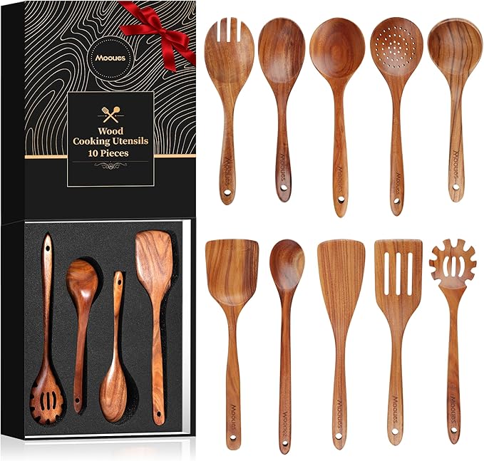 Wooden Spoons for Cooking, Wooden Utensils for Cooking Natural Teak Wooden Kitchen Utensils Set Comfort Grip(10 PCS SET GIFT BOX)