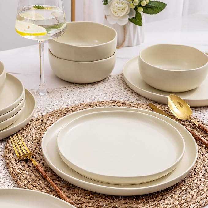 AmorArc Ceramic Dinnerware Sets, Wavy Rim Stoneware Plates and Bowls Sets,Dishwasher & Microwave & Oven Safe Dishes set, Service for 4 (12pc)