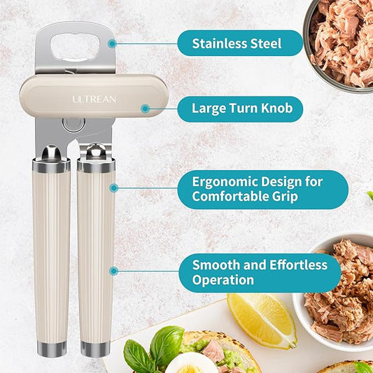 Ultrean Manual Can Opener Bottle Opener, Heavy Duty Stainless Steel Smooth Edge Manual Hand Held Can Opener With Soft Touch Handle, Rust Proof Oversized Handheld Easy Turn Knob (Apricot Yellow)