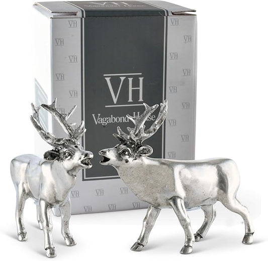 Vagabond House Pewter Deer/Elk Salt and Pepper Shakers Set Artisan Designer Handcrafted for Cabin Lodge Mountain Décor 4.5 inch Tall